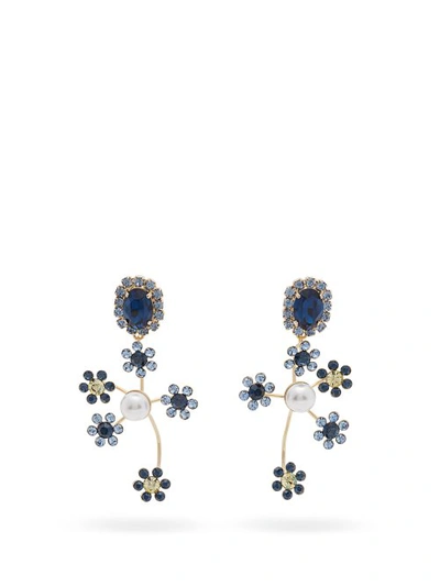 Erdem Crystal And Pearl-embellished Floral-drop Earrings In Blue