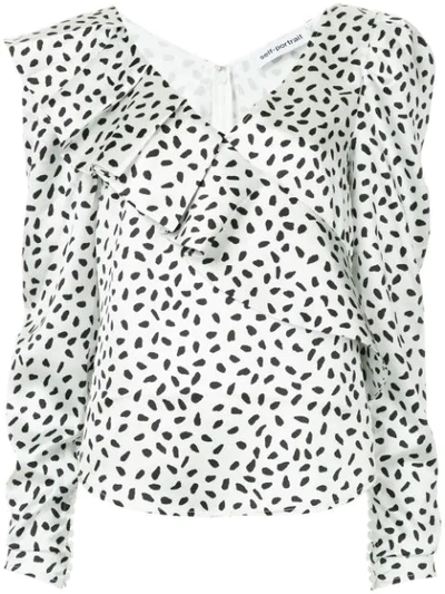 Self-portrait Polka-dot Ruffled Satin Top In White,black