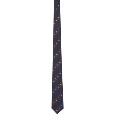 Gucci Navy & Red Silk Bee Web Tie In 4074 Mid.nightbl/red