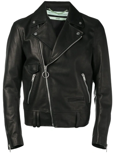 Off-white 99 Logo-print Leather Biker Jacket In Black
