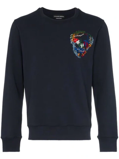 Alexander Mcqueen Embroidered Skull Cotton Sweatshirt In 4100 Blue