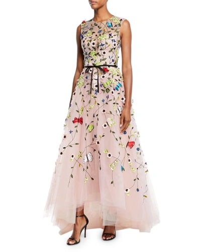 Monique Lhuillier Jewel-neck Sleeveless Floral-embroidered Tulle A-line Evening Gown In Pink Pattern