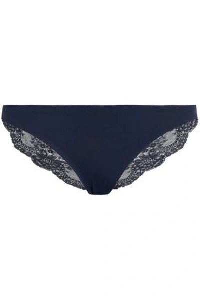 Stella Mccartney Lily Blushing Stretch-jersey And Lace Low-rise Briefs In Midnight Blue