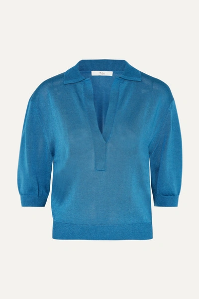 Tibi Plunging Polo Sweater In Blue