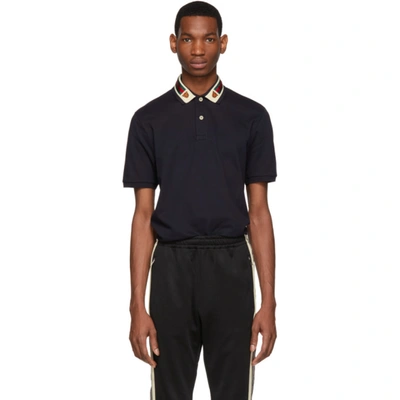 Gucci Men's Pique Polo Shirt W/ Web Collar In 4685 Ink