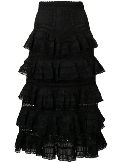 Zimmermann Juniper Lace-trimmed Tiered Pintucked Cotton-voile Midi Skirt In Black