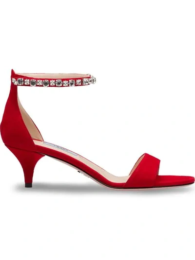 Prada Crystal Strap Sandals In Red
