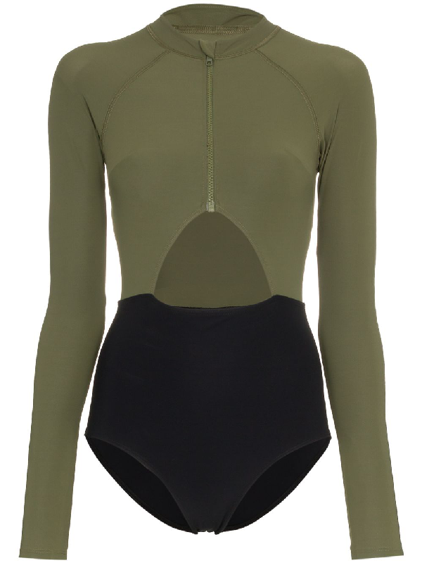 Flagpole Kelly HighNeck Zip Front LongSleeved Swimsuit In Green