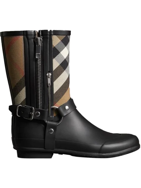 buckle and strap detail check rain boots