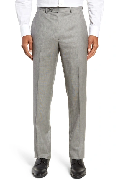 Santorelli Flat Front Sharkskin Wool Trousers In Light Grey