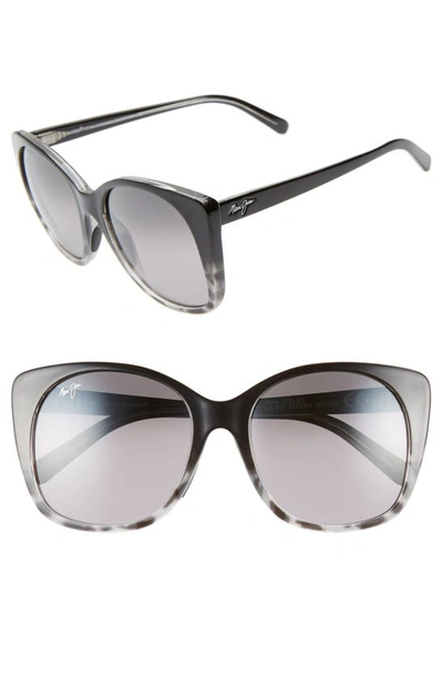 Maui Jim Mele 55mm Polarizedplus2® Round Cat Eye Sunglasses In Black Grey Tort/neutral Grey