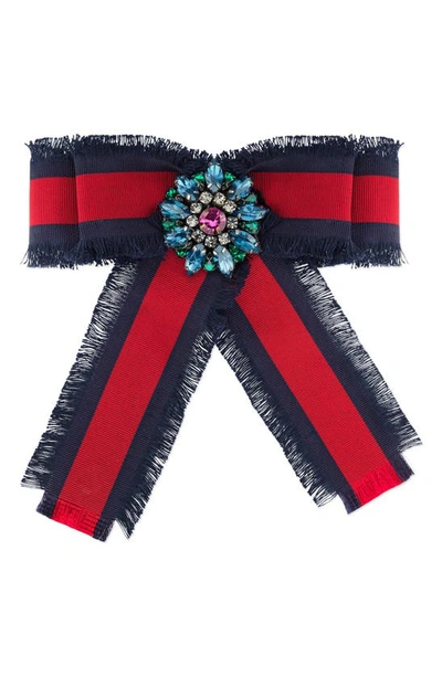 Gucci Web Grosgrain Bow Brooch In Blue/ Red