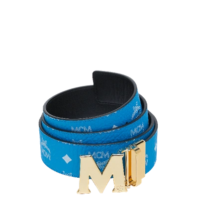 Mcm M Reversible Belt 1.75" In White Logo Visetos In T. Blue