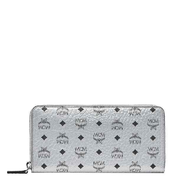 Mcm Zip Around Large Leather And Canvas Wallet In Berlin Silver 