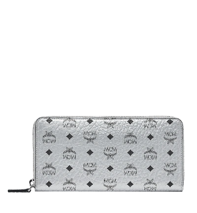 Mcm Zip Around Large Leather And Canvas Wallet In Berlin Silver