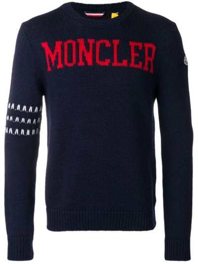 Moncler Logo-knit Wool Sweater In Blue