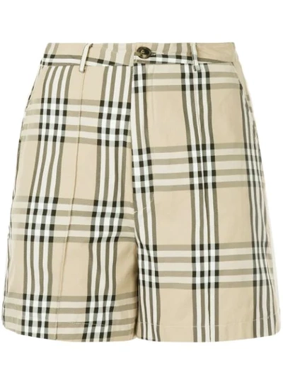 Andrea Crews Snap Button Checked Shorts In Brown