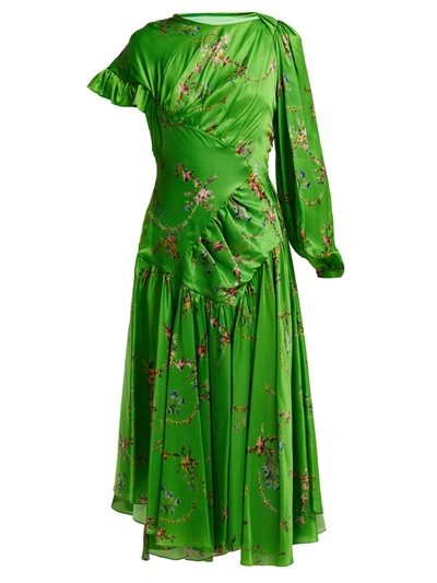 Preen By Thornton Bregazzi Geri Floral-print Asymmetric Satin Dress In Green