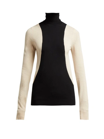 Helmut Lang Colour Block Wool Blend Roll Neck Sweater In Black Nut