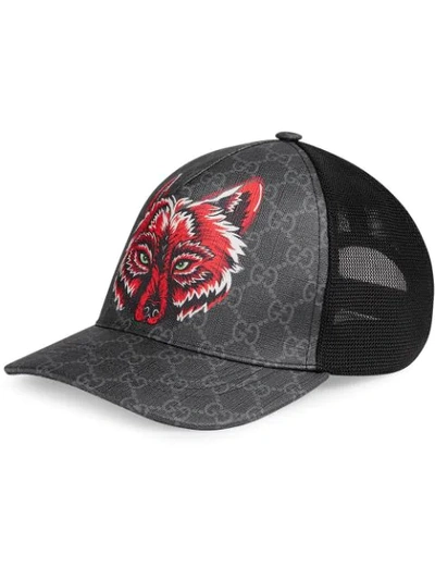 Gucci Gg Supreme Baseball Hat With Wolf In Black