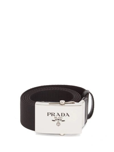 Prada Logo-engraved Leather-trimmed Canvas Belt In Black