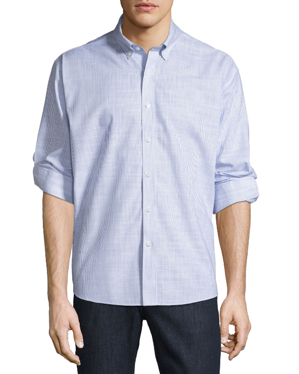 Neiman Marcus Men's Regular Fit Non-Iron Wear It Out Slub Stripe Sport