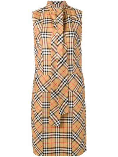 Burberry Vintage Check Cotton Tie-neck Dress In Beige