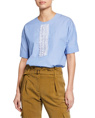 N°21 Short Sleeve Top With Front Ruffle Detail In Blue/white