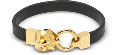 Northskull Men's Bracelets Hexagus Skull Yellow Gold Lated Brass Leather Bracelet In Black