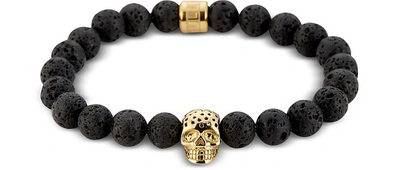 Northskull Lavastone & Perforated Gold Skull Charm Bracelet In Black