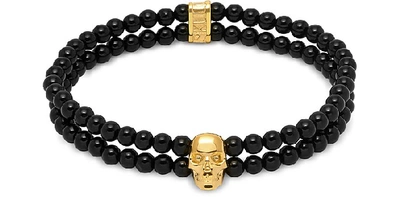 Northskull Double Row Beaded Bracelet With Skull Charmin Black Onyx & Gold