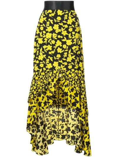 Alice And Olivia Sueann Asymmetric Tiered Floral-print Satin-trimmed Silk Crepe De Chine Skirt In Daff Blk