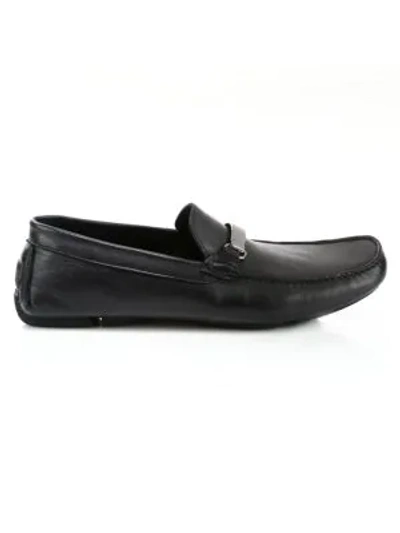 Versace Logo Plaque Leather Loafers In Black