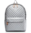 Mz Wallace Metro Leather-trimmed Metallic Quilted Shell Backpack In Tin Metallic