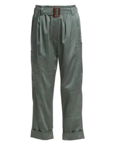 Brunello Cucinelli Straight-leg Satin Pants W/ Wooden D-ring Belt, Sage