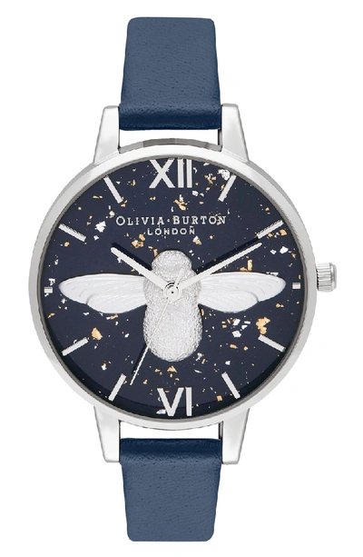 Olivia Burton Celestial Bee Leather Strap Watch, 34mm In Blue/ Silver