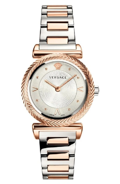 Versace V Motif Bracelet Watch, 35mm In Silver/ Rose Gold