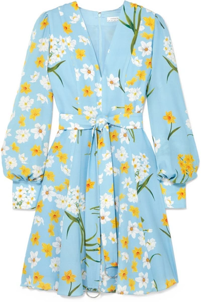 Andrew Gn Belted Floral-print Silk Mini Dress In Blue