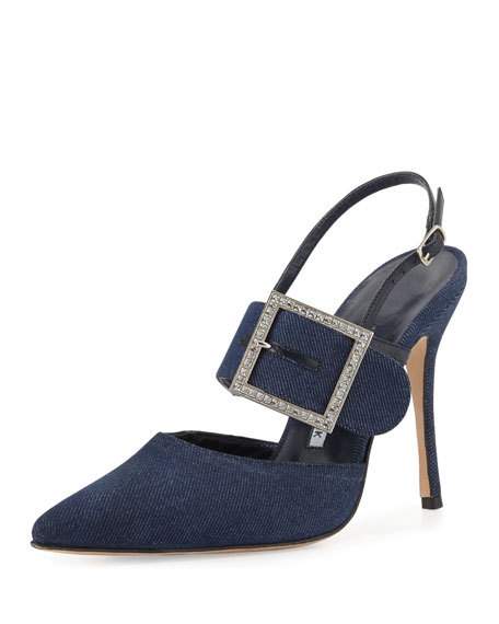 Manolo Blahnik Beladona Denim Buckled Slingback Pump, Denim Blue | ModeSens