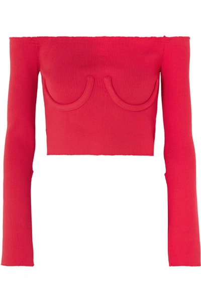 Orseund Iris Cropped Off-the-shoulder Ribbed-knit Sweater In Red