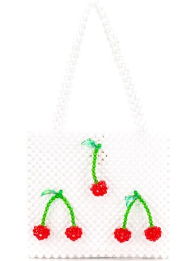 Susan Alexandra Ma Cherie Cherry Appliqué Beaded Tote In White