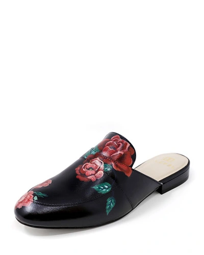 Alepel Hand-painted Rose Flat Slide Mules, Black/red