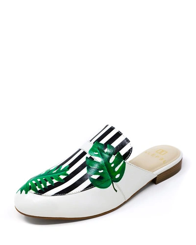 Alepel Hand-painted Tropical Striped Flat Slide Mules In White/green