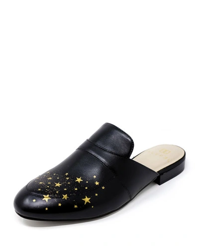 Alepel Hand-painted Star Flat Leather Slide Mules In Black