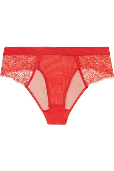 Adina Reay Embroidered Stretch-tulle Briefs In Red