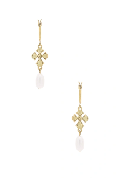Luv Aj Nouveau Cross With Freshwater Pearl Mini Hoops In Metallic Gold.