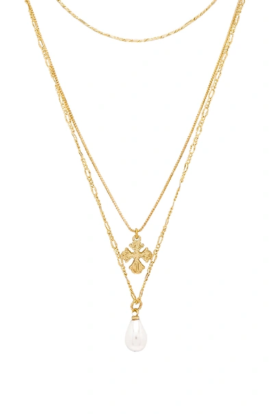 Luv Aj Nouveau Cross With Freshwater Pearl Charm Necklace In Metallic Gold