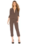 Monrow Crepe Long Sleeve Jumpsuit In Brown.