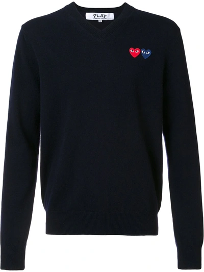 Comme Des Garçons Play V Neck Double Emblem Sweater In Blue