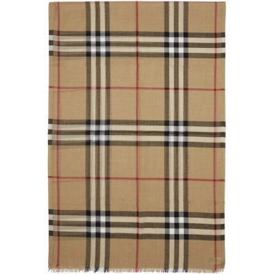 Burberry Metallic Gauze Giant Check Scarf, Camel/gold In Camel Check